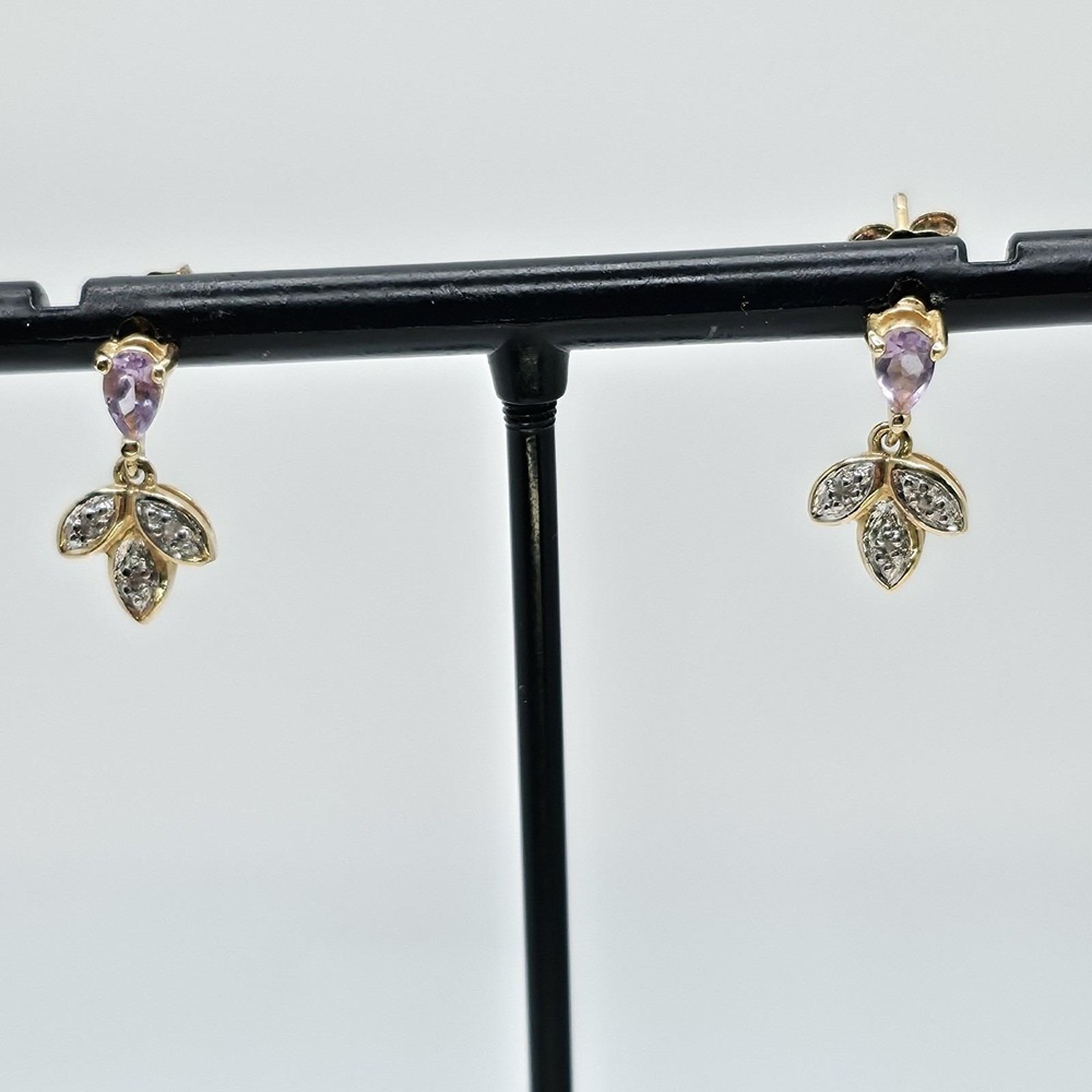 Vtg Amethyst CZ Earrings 925 Sterling Silver Gold Overlay 3 Leaves FREE $HIPPING